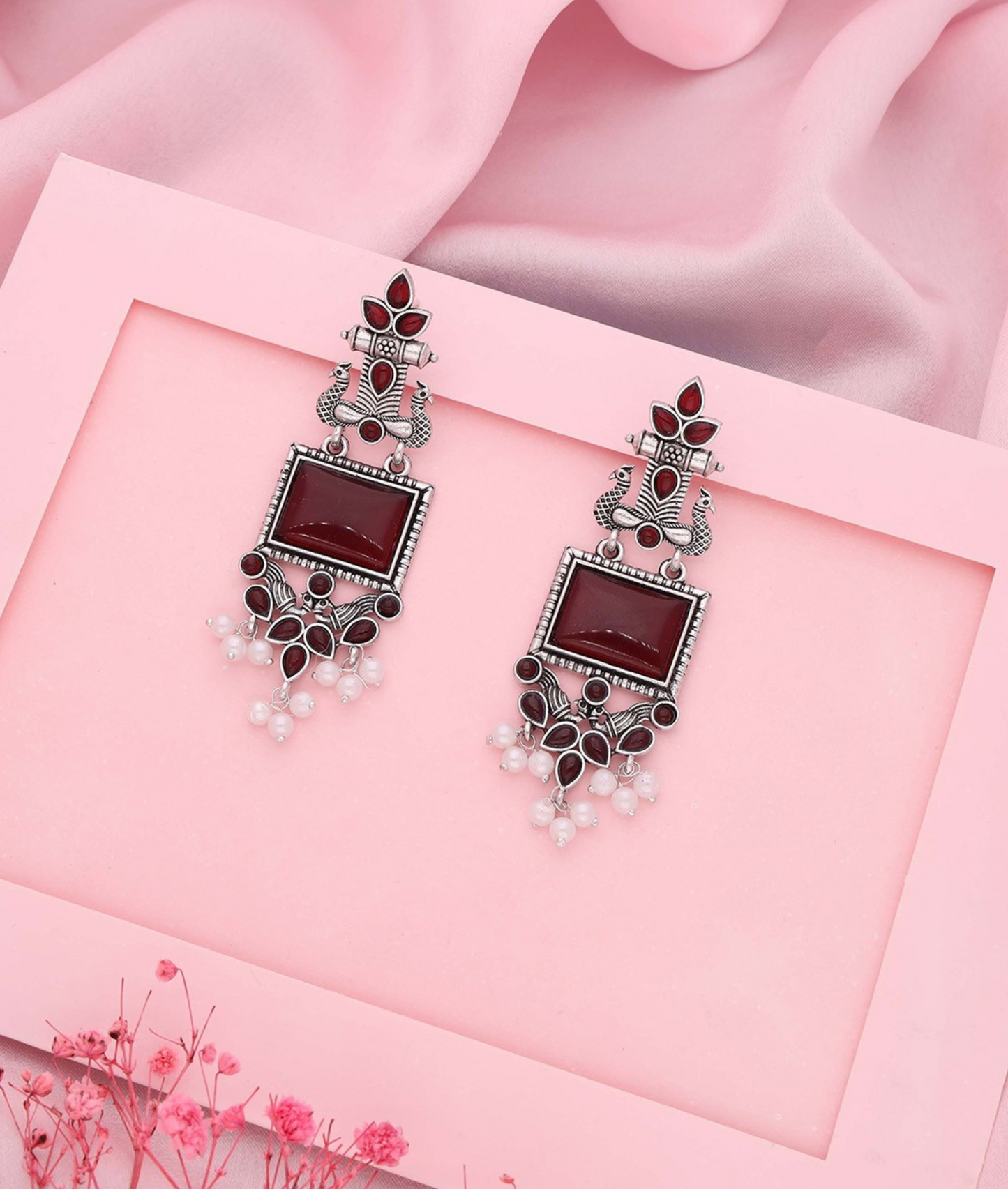 Oxidized Silver Long Earrings with Maroon Stones & Pearl Beads – Ethnic Statement Jewelry