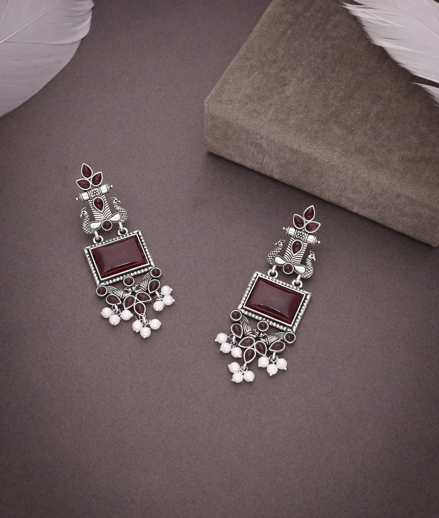 Oxidized Silver Long Earrings with Maroon Stones & Pearl Beads – Ethnic Statement Jewelry