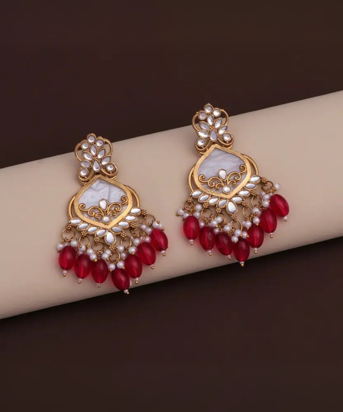 Luxury Red Kundan Beaded Drop Earrings for Traditional & Festive Wear