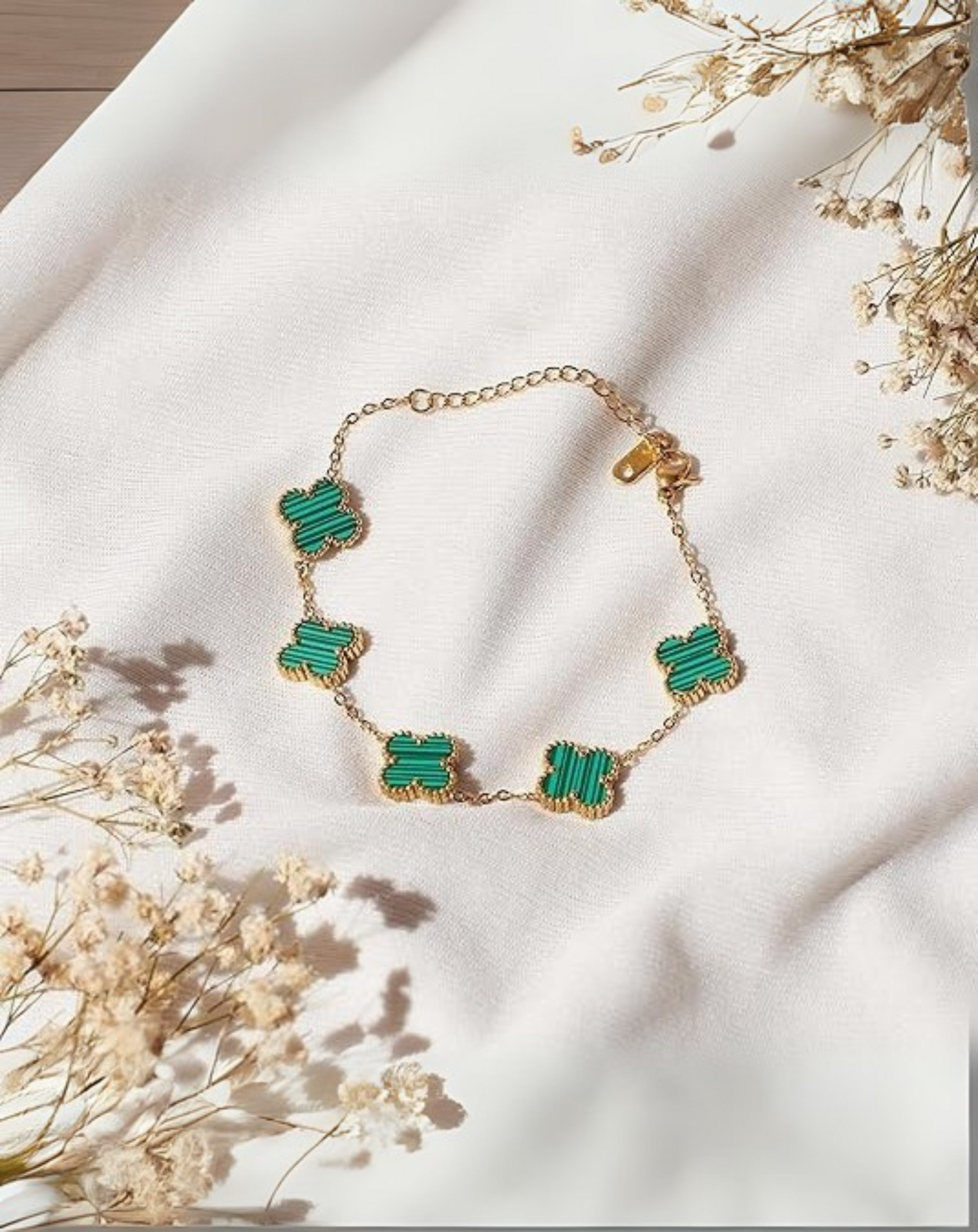 Gold Plated Black & Green Dual-Color Clover Charm Bracelet