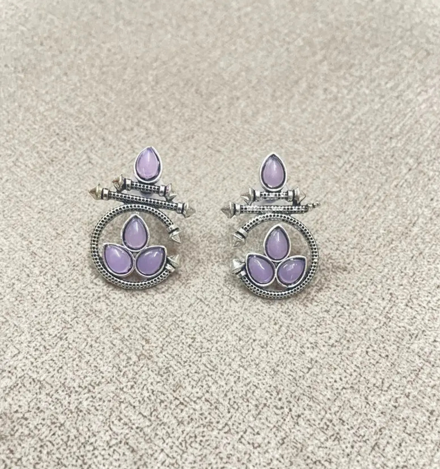 Oxidized Silver Earrings with Lavender Stone – Traditional Round Design