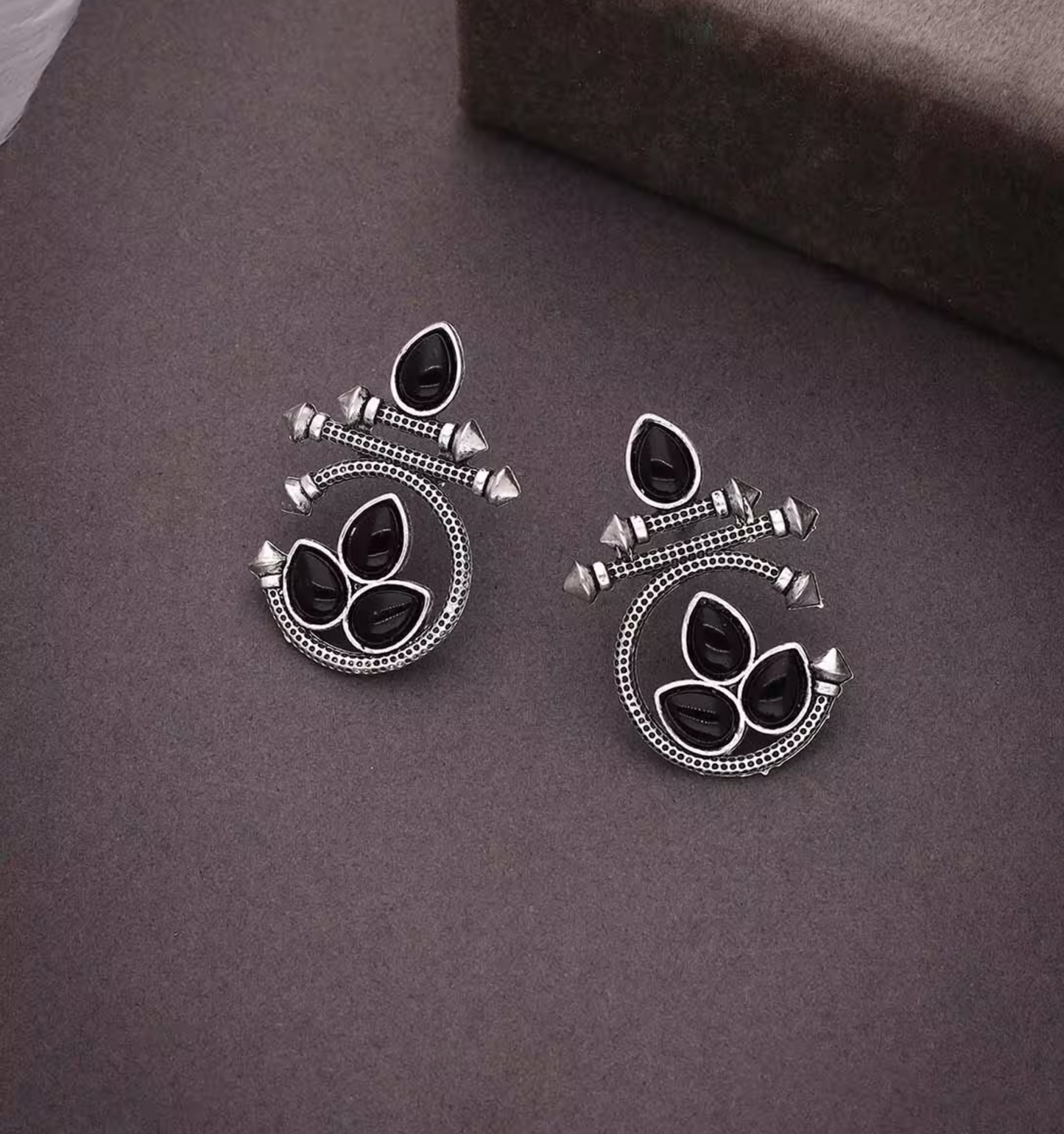 Oxidized Silver Earrings with Black Stone – Traditional Round Design