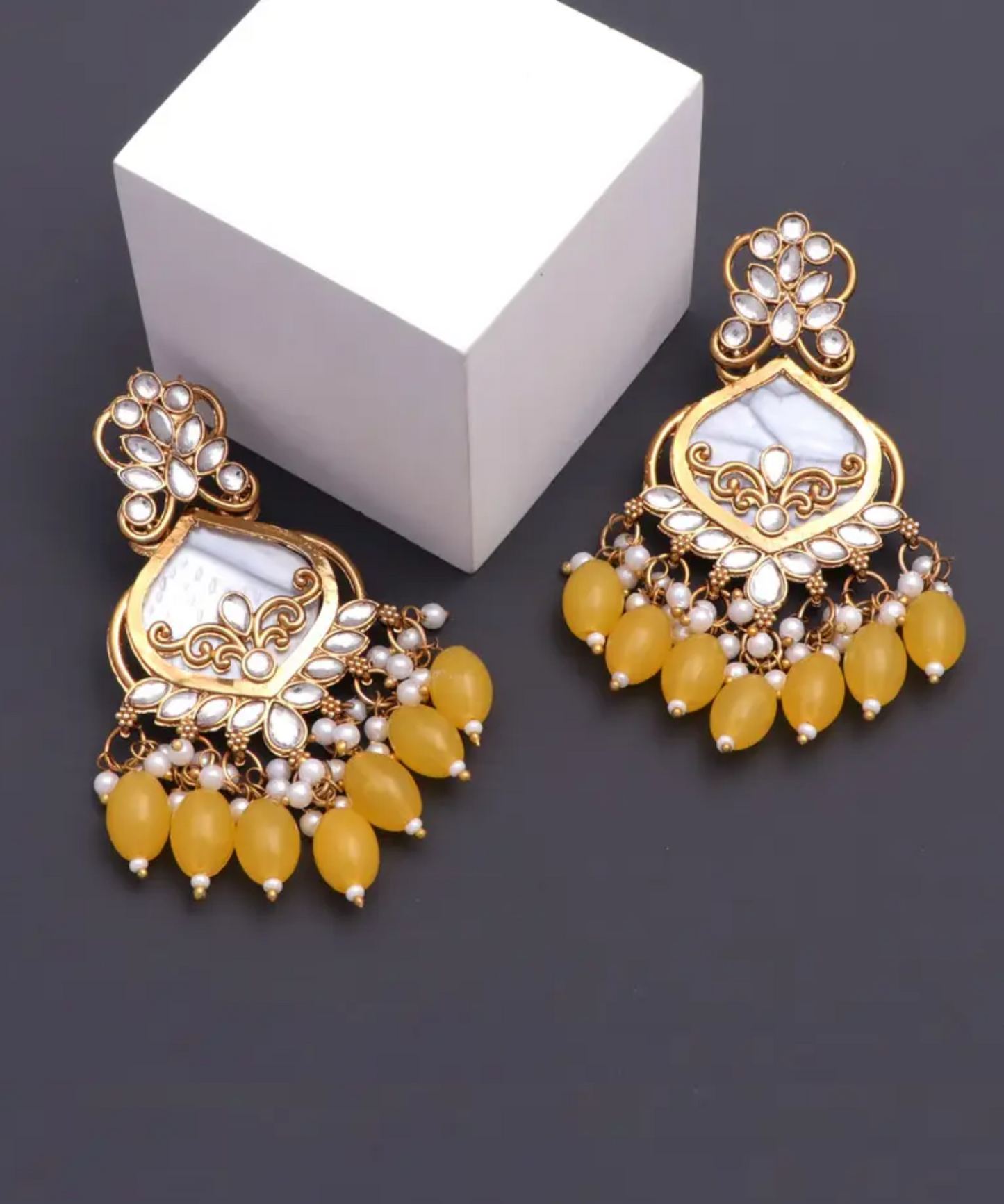 Luxury Yellow Kundan Beaded Drop Earrings for Traditional & Festive Wear