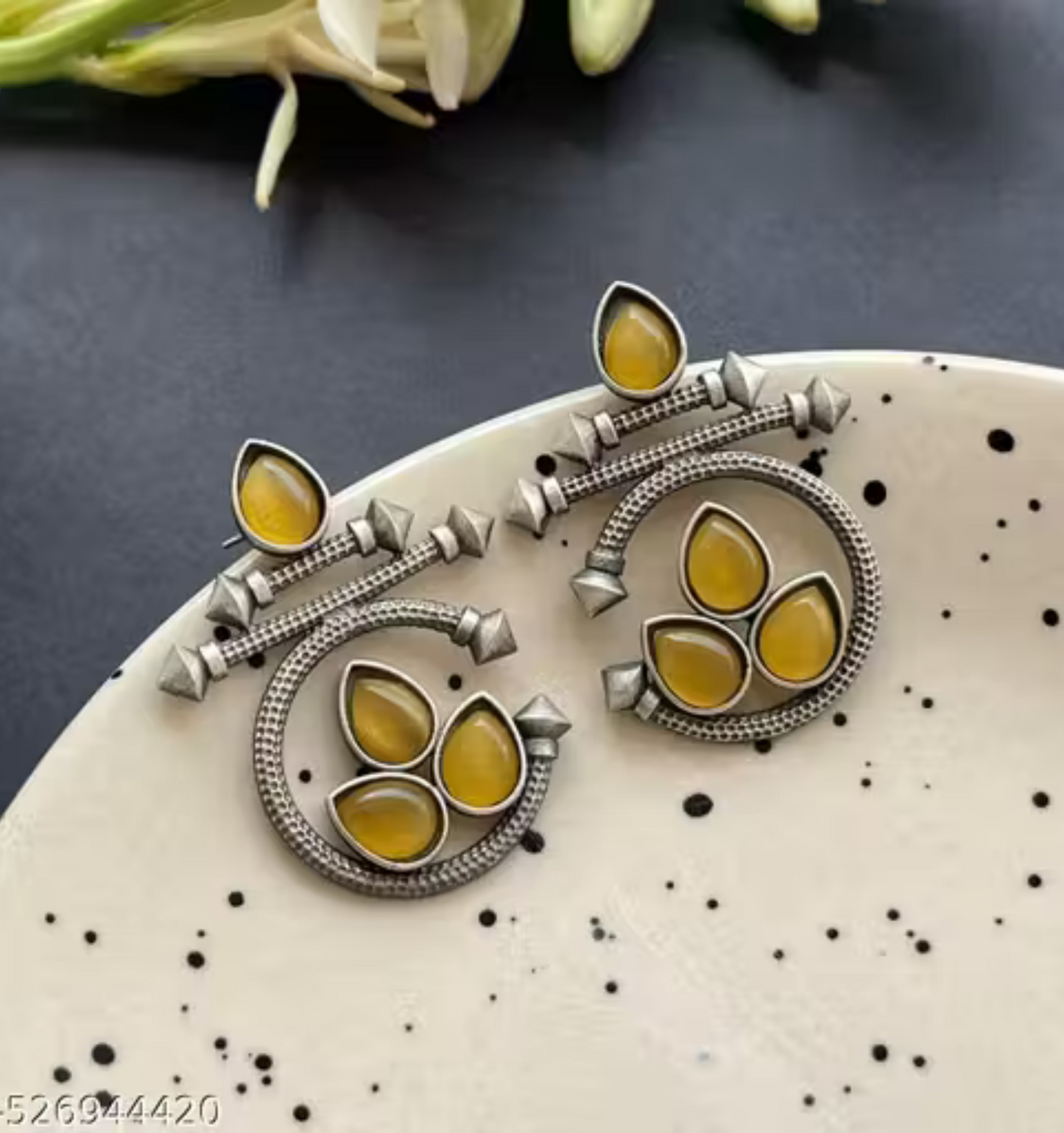 Oxidized Silver Earrings with Yellow Stone – Traditional Round Design