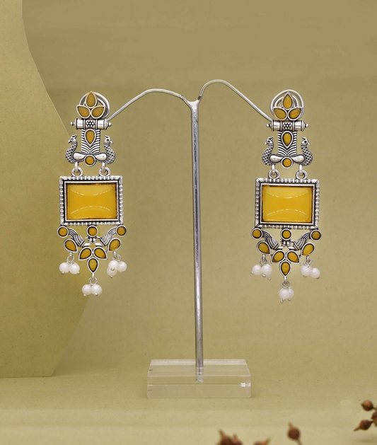 Oxidized Silver Long Earrings with Yellow Stones & Pearl Beads – Ethnic Statement Jewelry