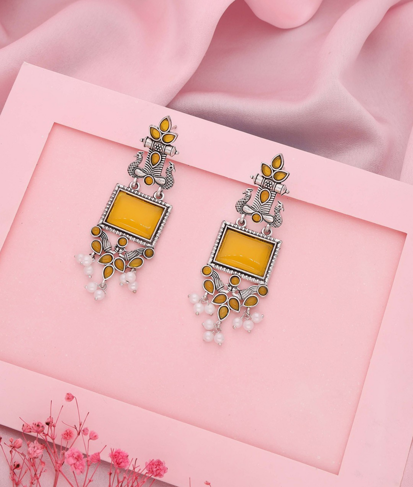 Oxidized Silver Long Earrings with Yellow Stones & Pearl Beads – Ethnic Statement Jewelry