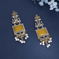 Oxidized Silver Long Earrings with Yellow Stones & Pearl Beads – Ethnic Statement Jewelry