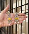 Oxidized Silver Long Earrings with Yellow Stones & Pearl Beads – Ethnic Statement Jewelry