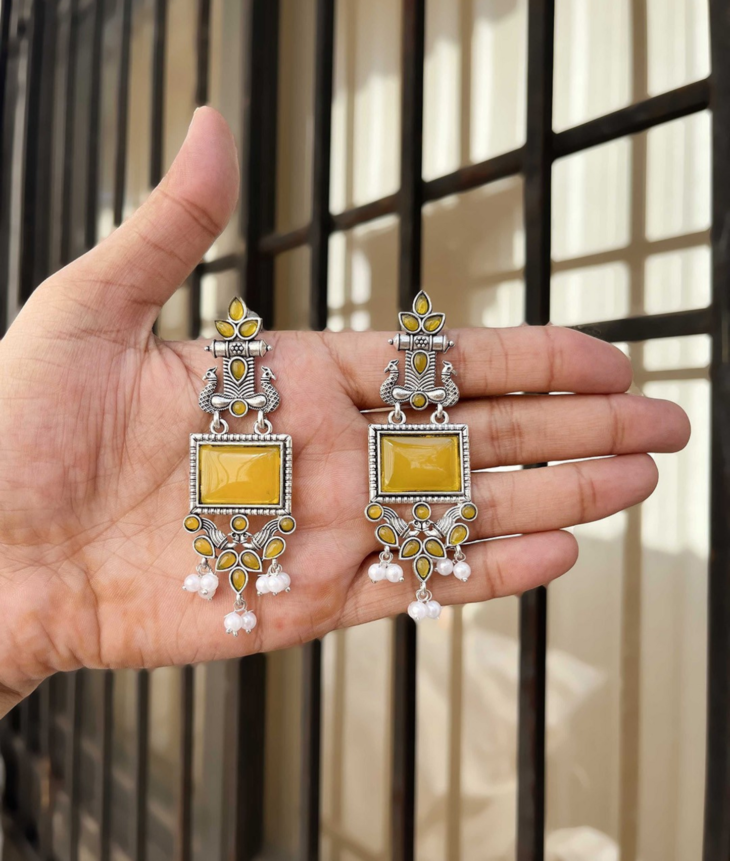 Oxidized Silver Long Earrings with Yellow Stones & Pearl Beads – Ethnic Statement Jewelry