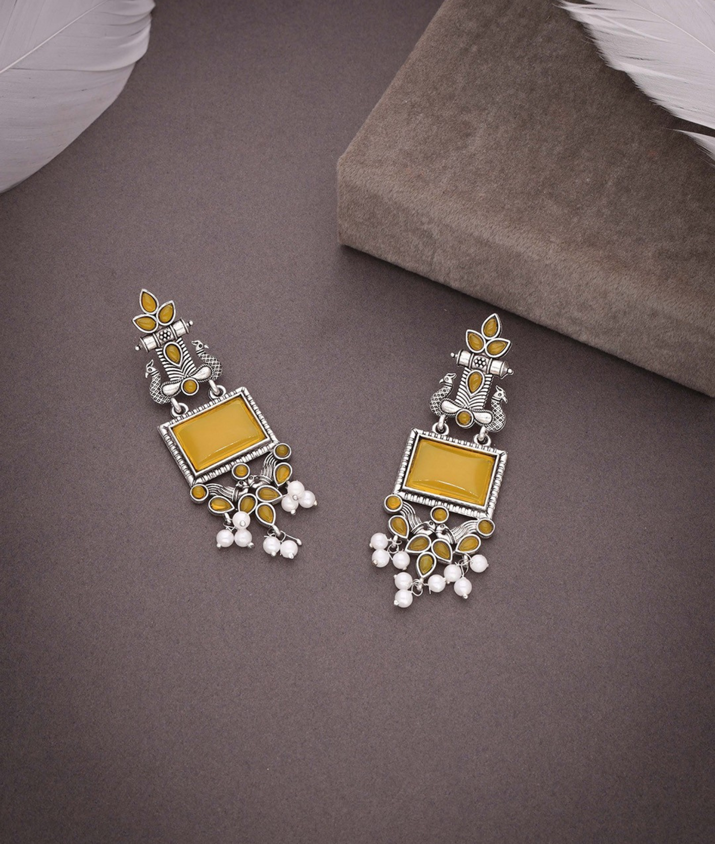 Oxidized Silver Long Earrings with Yellow Stones & Pearl Beads – Ethnic Statement Jewelry