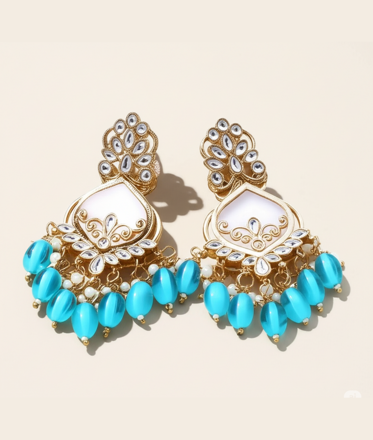 Luxury Blue Kundan Beaded Drop Earrings for Traditional & Festive Wear