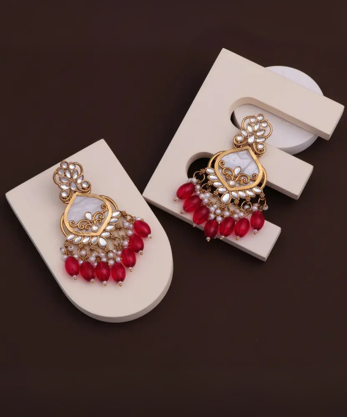 Luxury Red Kundan Beaded Drop Earrings for Traditional & Festive Wear