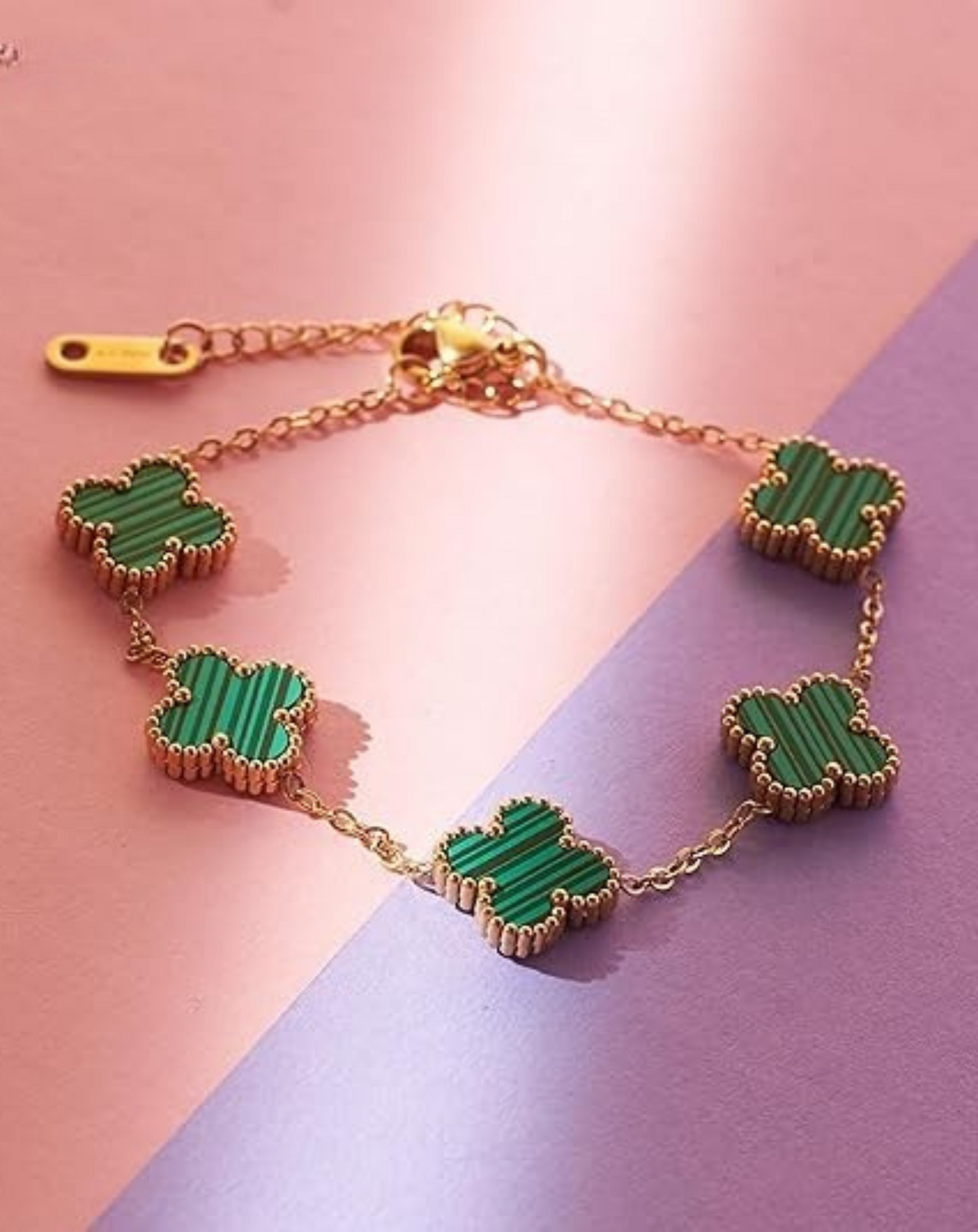 Gold Plated Black & Green Dual-Color Clover Charm Bracelet