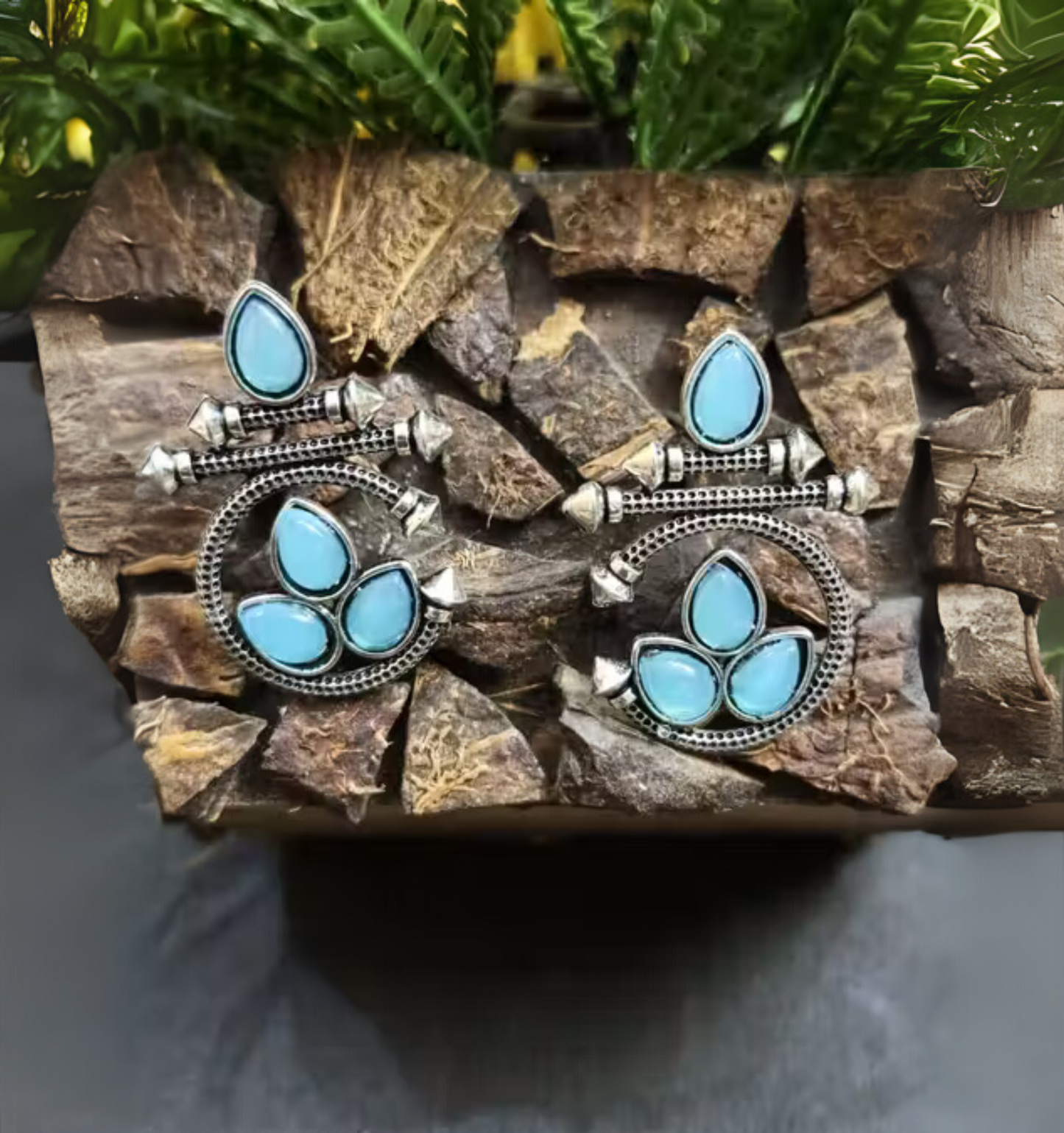 Oxidized Silver Earrings with Blue Stone – Traditional Round Design