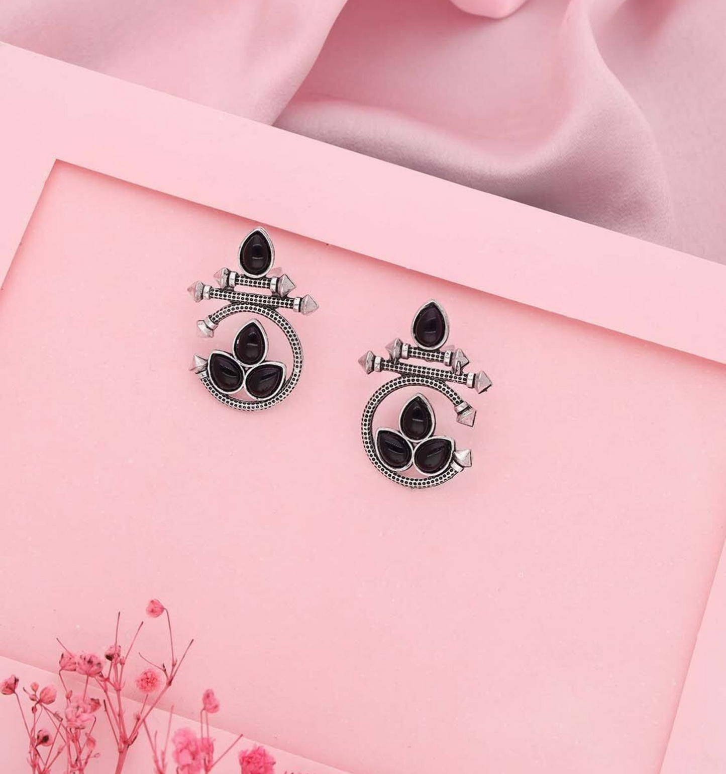 Oxidized Silver Earrings with Black Stone – Traditional Round Design