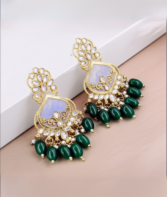 Luxury Green Kundan Beaded Drop Earrings for Traditional & Festive Wear