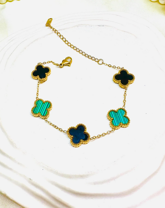 Gold Plated Black & Green Dual-Color Clover Charm Bracelet