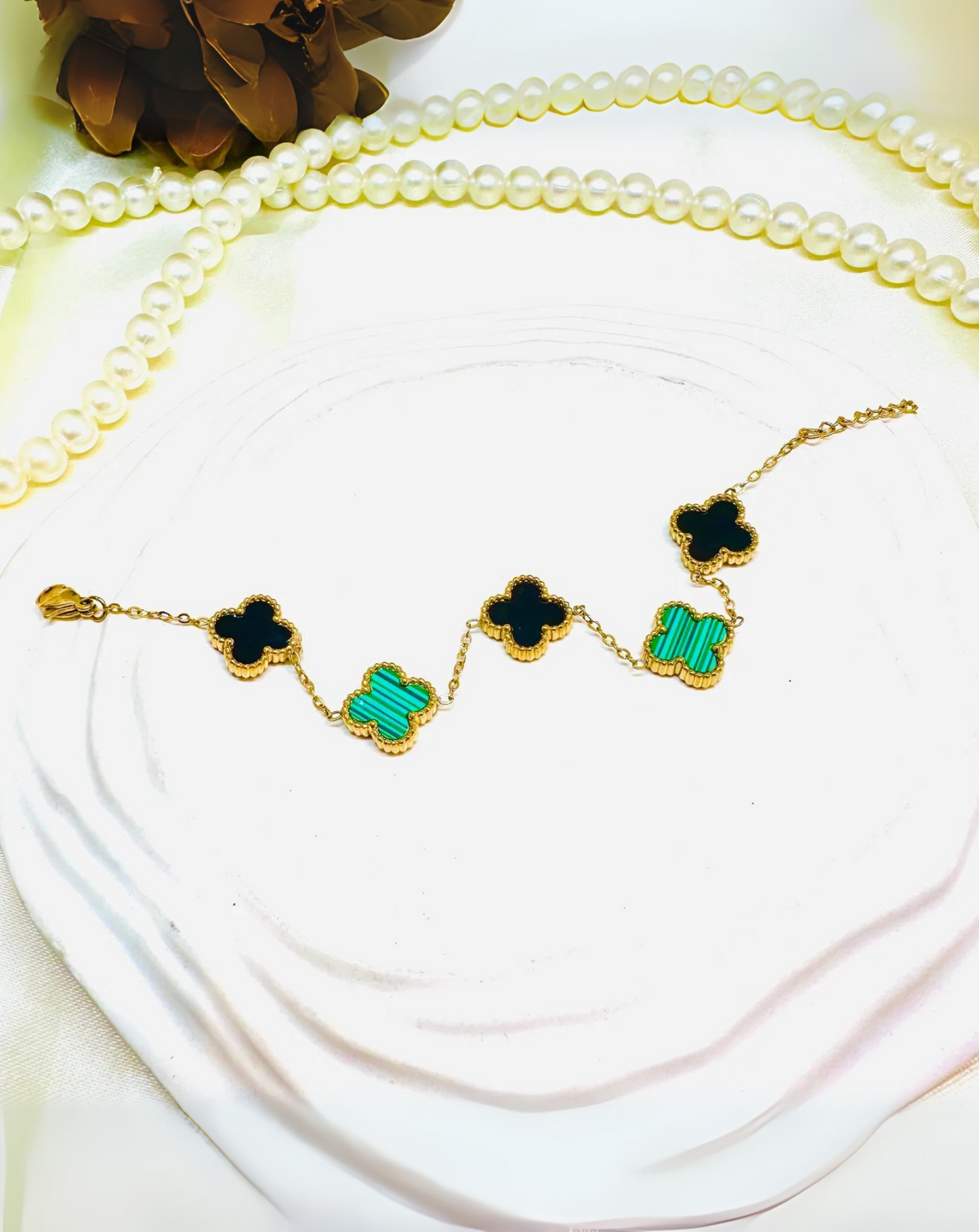 Gold Plated Black & Green Dual-Color Clover Charm Bracelet