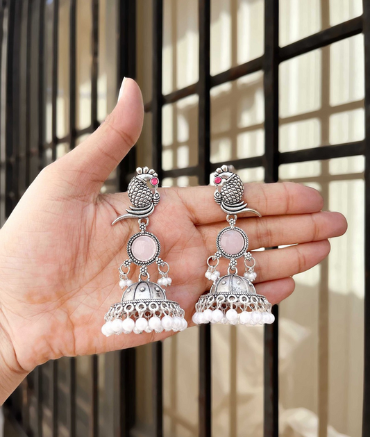 Oxidized Silver Peacock Jhumka Earrings with Pink Stone & Pearl Detailing