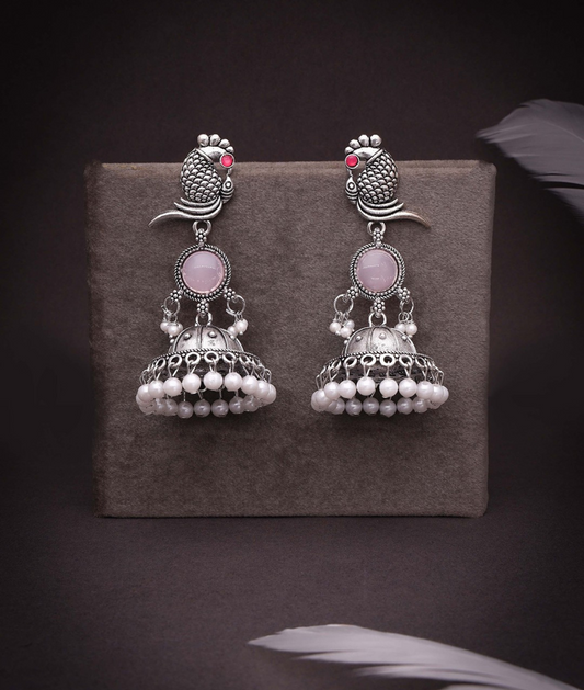 Oxidized Silver Peacock Jhumka Earrings with Pink Stone & Pearl Detailing