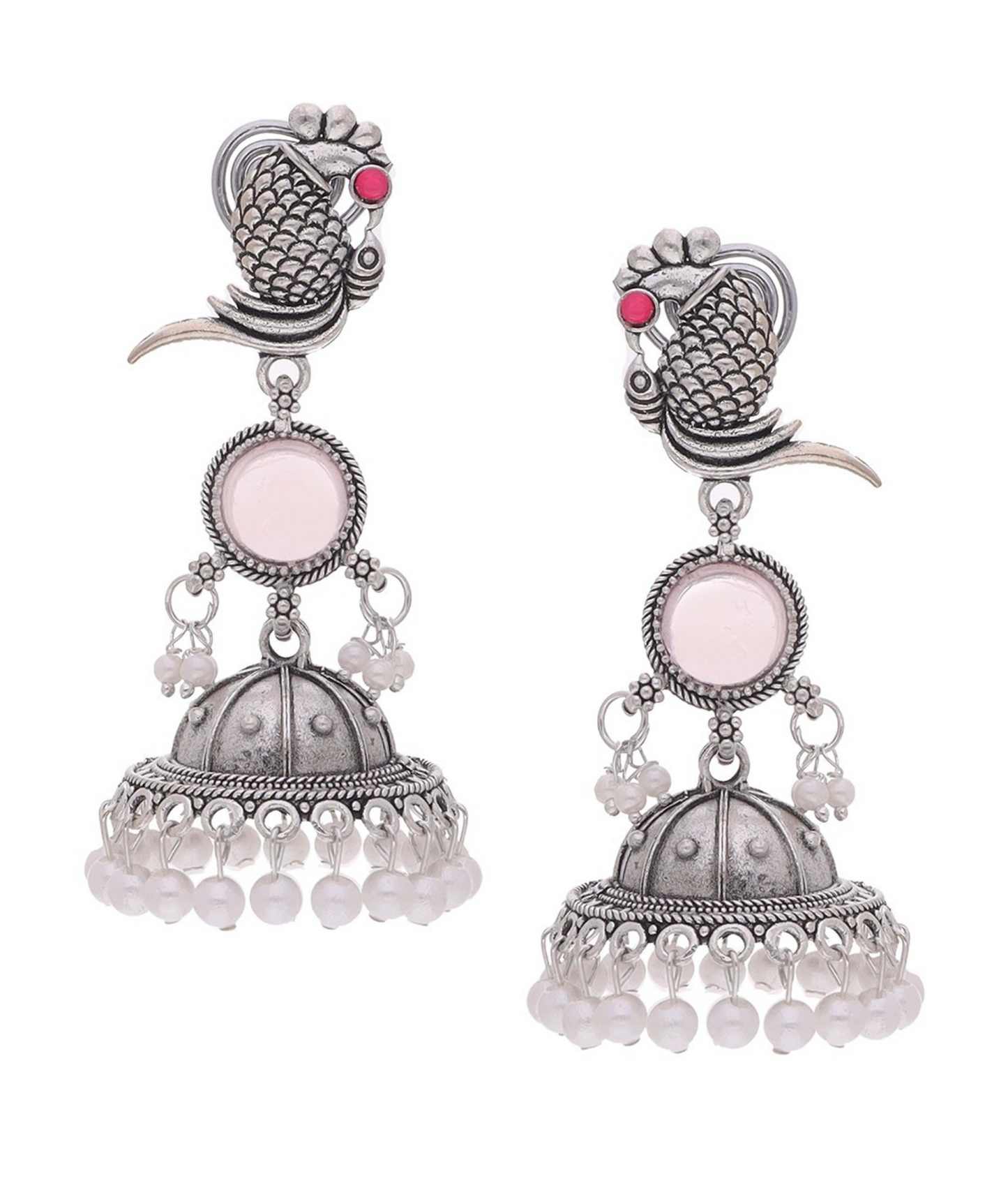 Oxidized Silver Peacock Jhumka Earrings with Pink Stone & Pearl Detailing