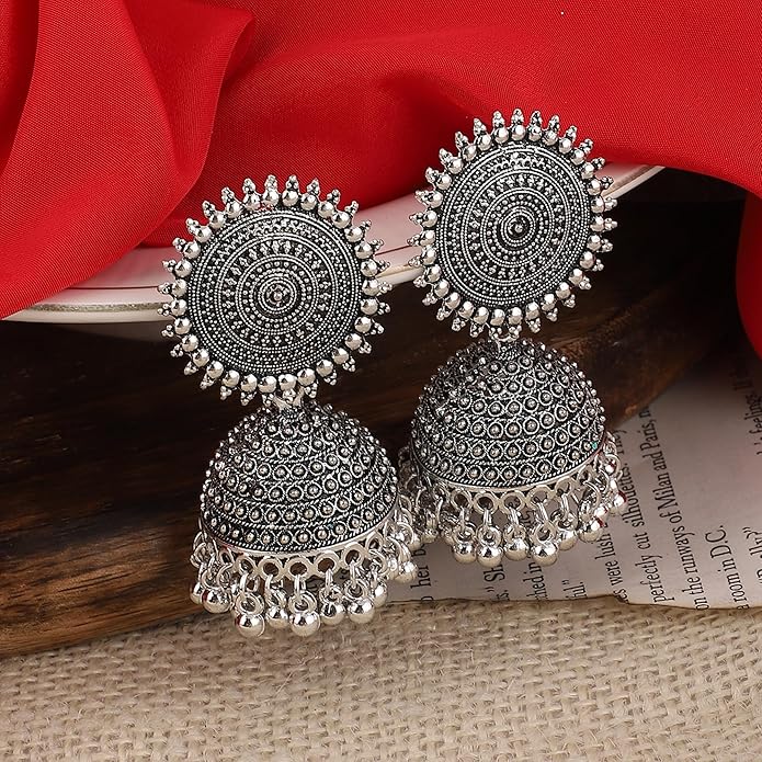 Traditional Antique Silver Plated Jhumki Earrings for Women & Girls