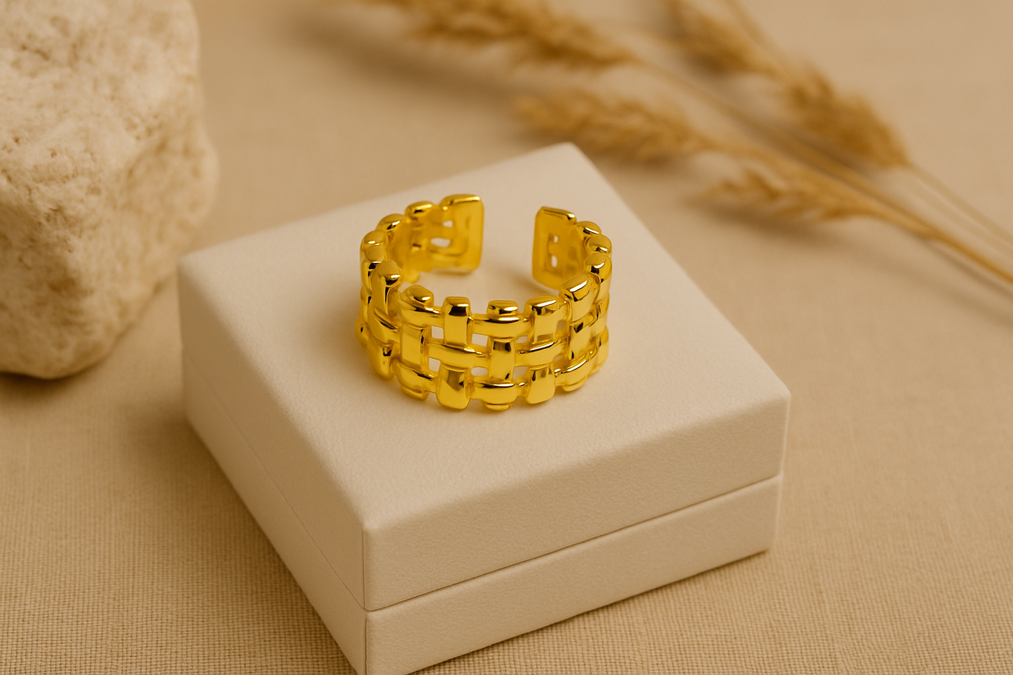 Designer Adjustable Ring – Bold Woven Look, Elegant Gold Finish
