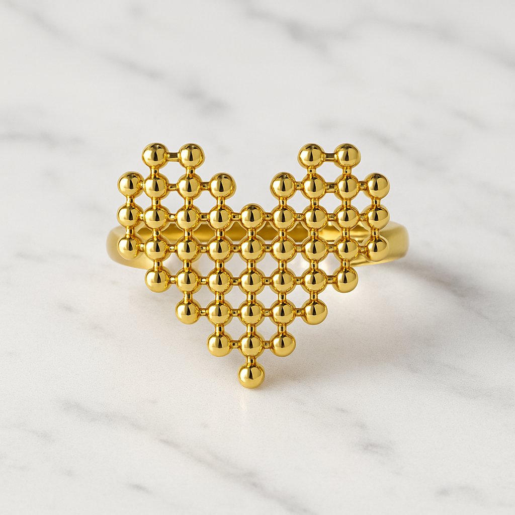 Heart-Shaped Bead Gold-Plated Adjustable Anti-Tarnish Ring
