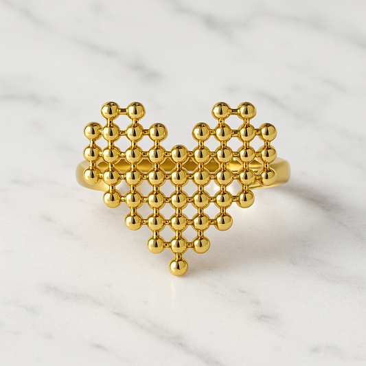 Heart-Shaped Bead Gold-Plated Adjustable Anti-Tarnish Ring