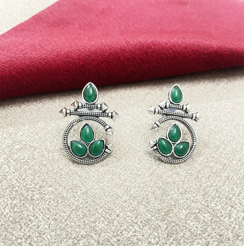 Oxidized Silver Earrings with Green Stone – Traditional Round Design
