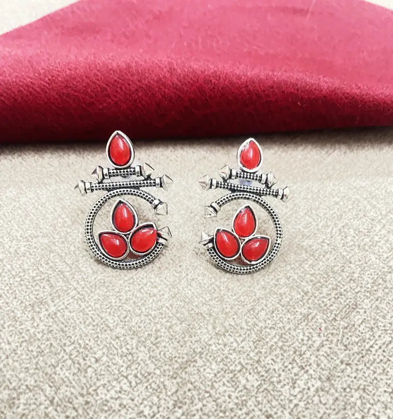 Oxidized Silver Earrings with Red Stone – Ethnic Round Design