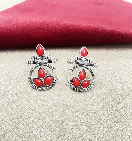 Oxidized Silver Earrings with Red Stone – Ethnic Round Design